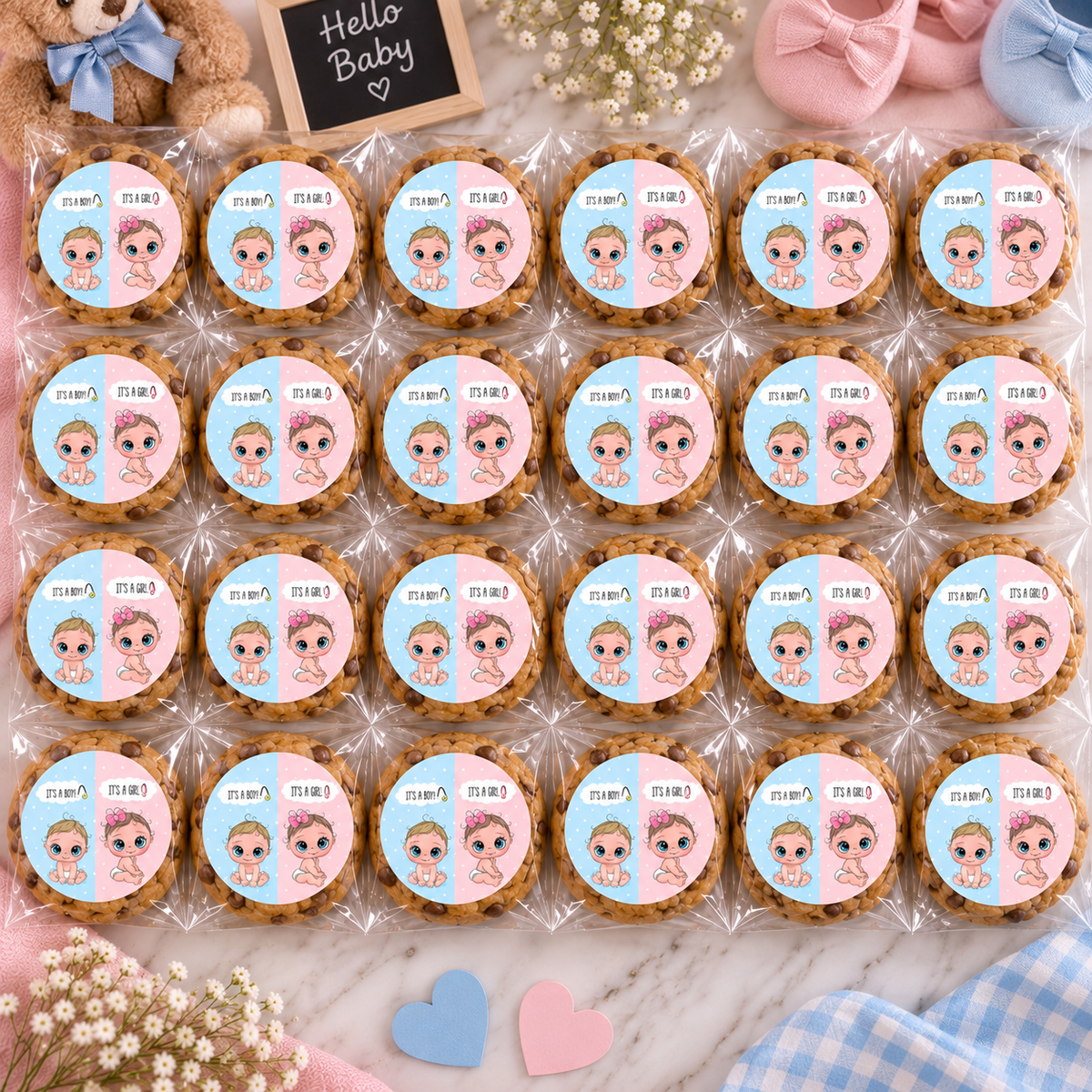 KUKIZ Gender Reveal Cookies 🩷🩵👶🏻 24 Mini Classic Chocolate Chip Cookies 3oz each